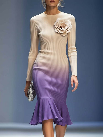 Elegant Three-dimensional Floral Decoration Beige And Purple Knitted Midi Dress