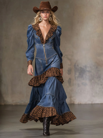 Retro Denim Patchwork Leopard Print Lapel Zip-up Maxi Dress