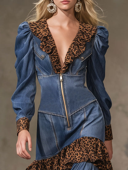 Retro Denim Patchwork Leopard Print Lapel Zip-up Maxi Dress
