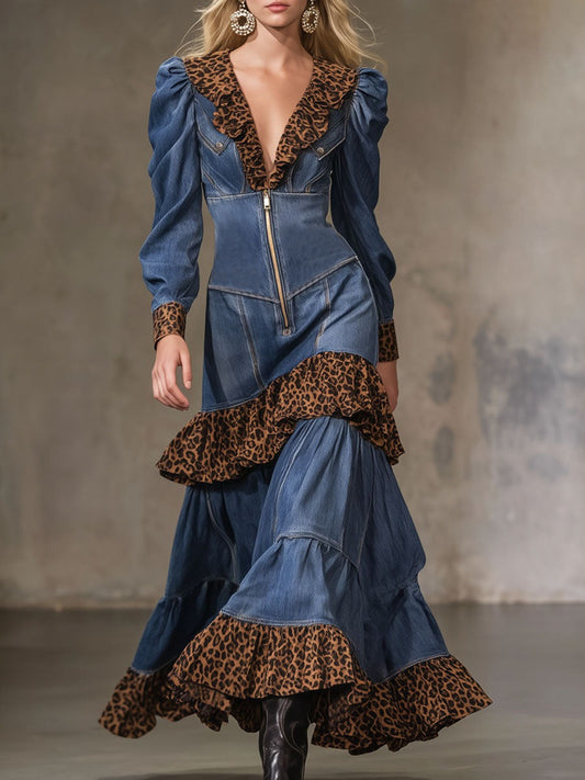 Retro Denim Patchwork Leopard Print Lapel Zip-up Maxi Dress