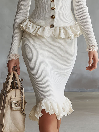 Elegant And Stylish Retro Lace-trimmed White Knit Dress Set