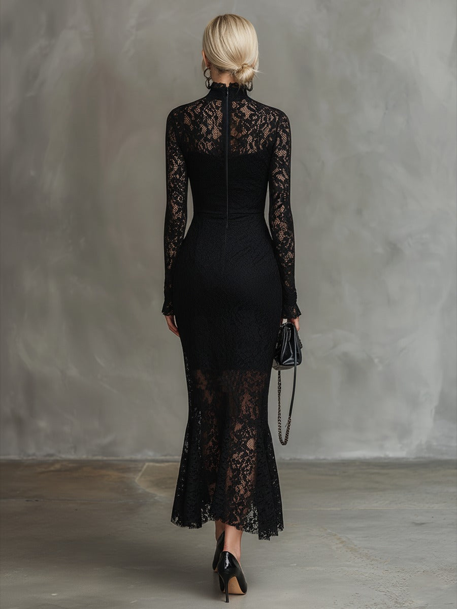 Elegant Party Black Stretch Lace Fishtail Maxi Dress