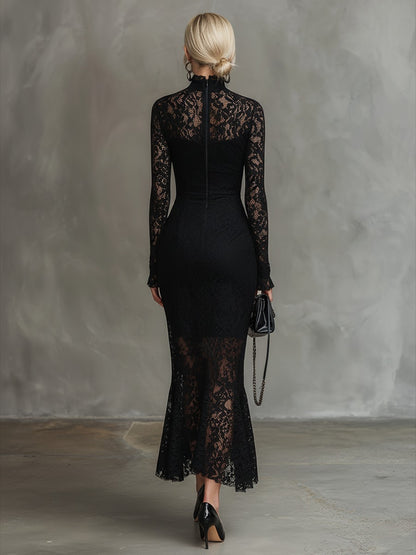 Elegant Party Black Stretch Lace Fishtail Maxi Dress