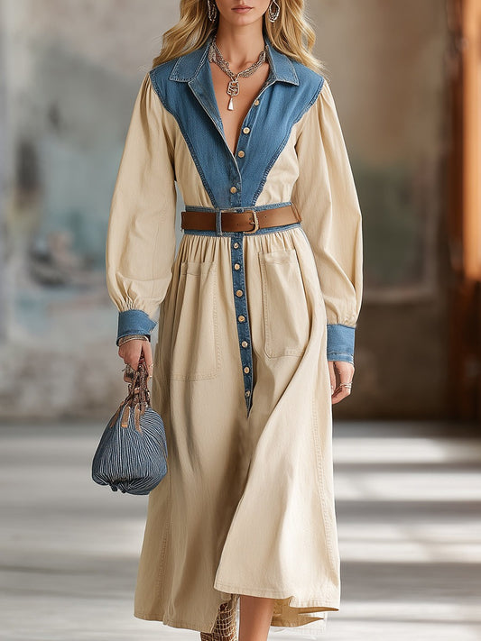 Western-style Beige Cotton Patchwork Denim Maxi Dress