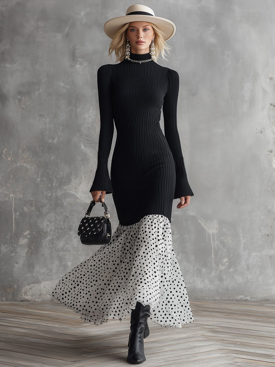 Stylish And Elegant White Polka Dot Chiffon Black Knit Maxi Dress