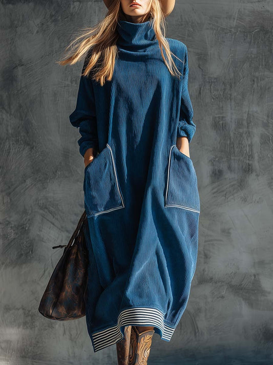 Casual Fashion Vintage High Collar Large Side Pockets Blue Corduroy Midi Dress