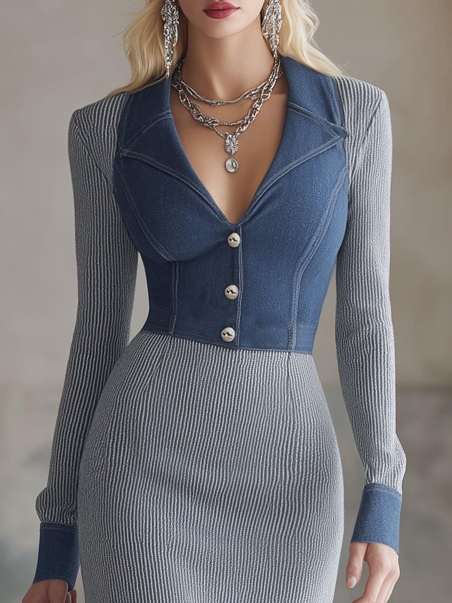 Casual And Stylish Denim Collar Patchwork Gray Knit Midi Dress