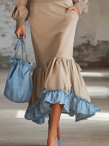 Trendy Urban Sporty Beige Sweatshirt With Denim Trim Maxi Dress