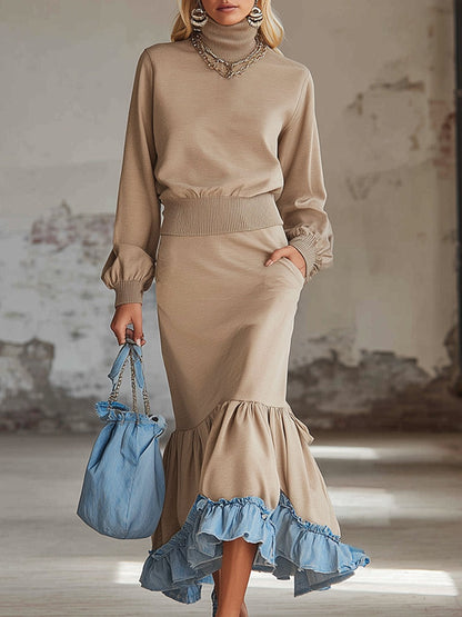 Trendy Urban Sporty Beige Sweatshirt With Denim Trim Maxi Dress