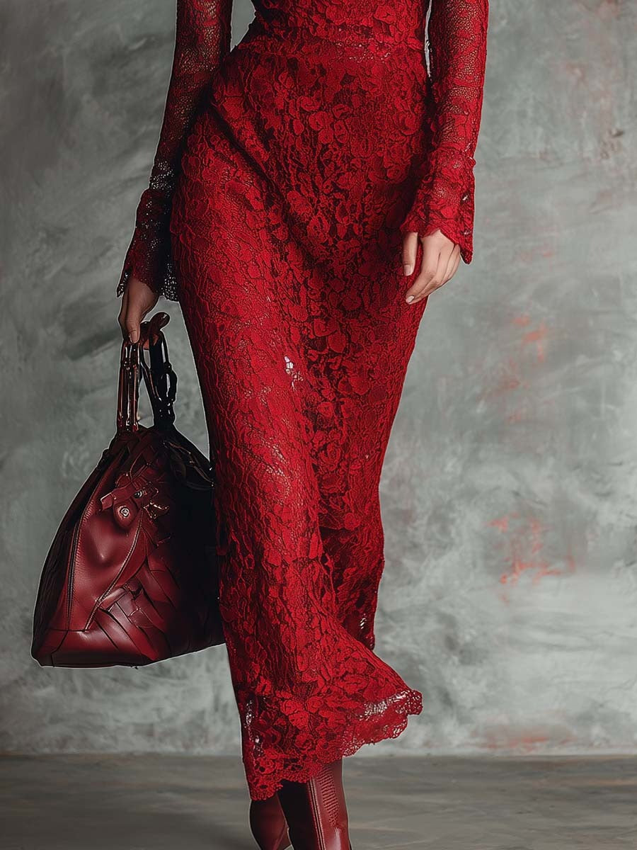 Elegant Vintage V-neck Red Lace Maxi Dress