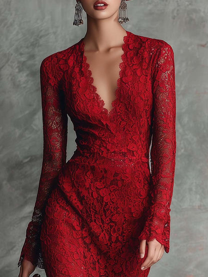 Elegant Vintage V-neck Red Lace Maxi Dress