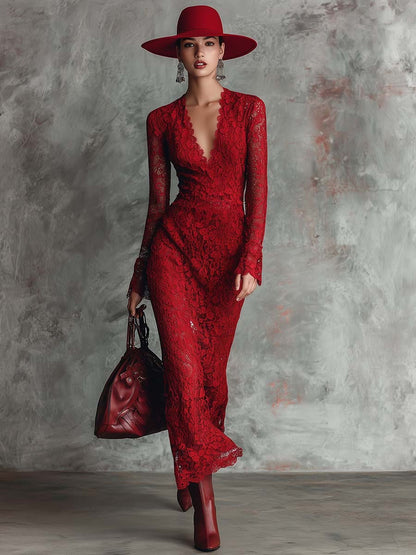 Elegant Vintage V-neck Red Lace Maxi Dress