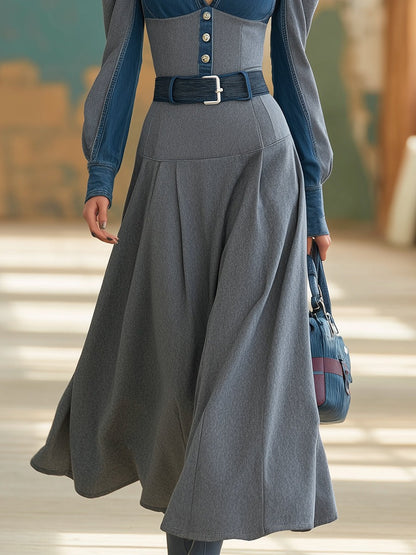 Retro Casual Denim V-neck Gray Maxi Dress