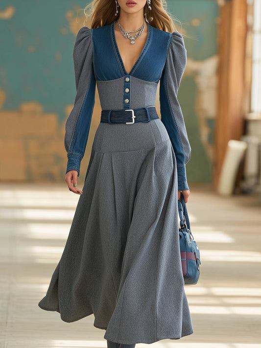 Retro Casual Denim V-neck Gray Maxi Dress