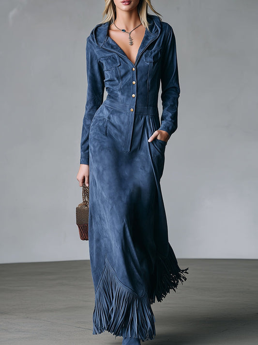 Trendy Retro-style Fringed Blue Faux Suede Hooded Maxi Dress