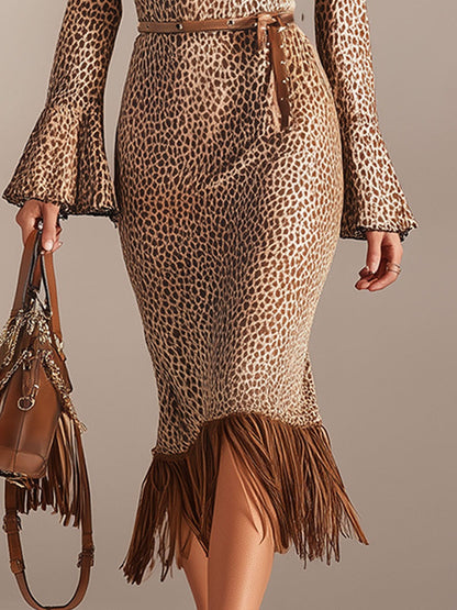 Western-style Vintage Fringed Brown Leopard Print Faux Suede Midi Dress