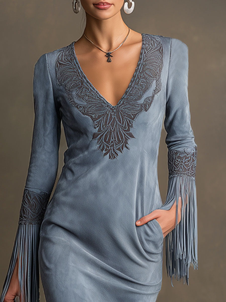 Western-style Retro Embroidered V-neck Tassel Long-sleeved Blue Faux Suede Midi Dress
