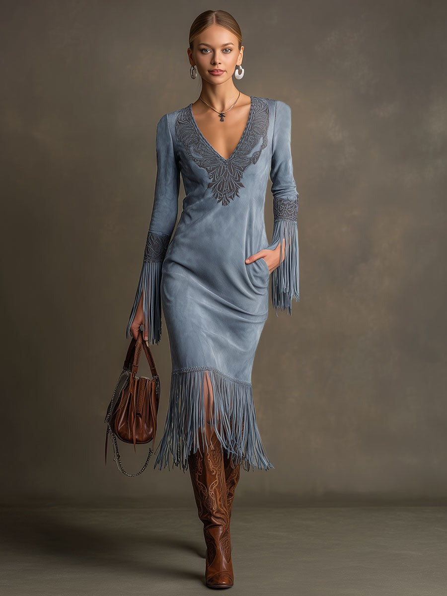 Western-style Retro Embroidered V-neck Tassel Long-sleeved Blue Faux Suede Midi Dress