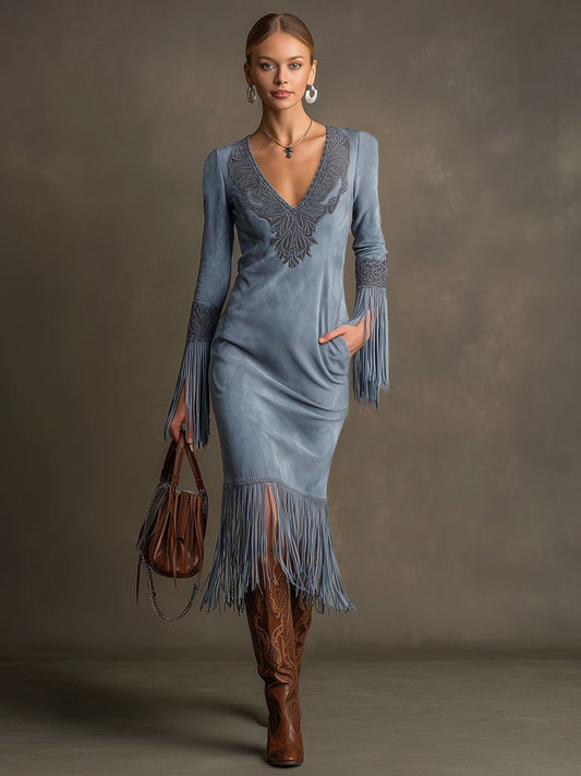 Western-style Retro Embroidered V-neck Tassel Long-sleeved Blue Faux Suede Midi Dress