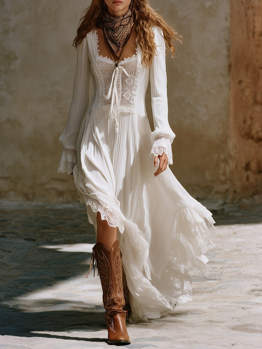 Romantic Bohemian Square Neck Lace-trimmed White Cotton Maxi Dress