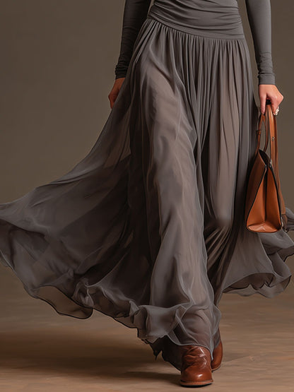 Fashionable Re Grey V-neck Long-sleeved Chiffon Maxi Dress