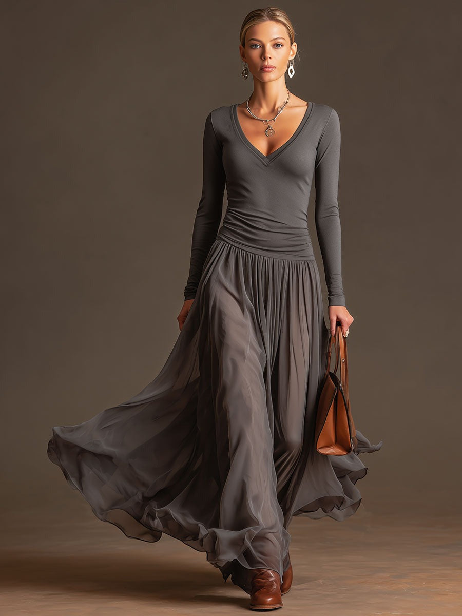 Fashionable Re Grey V-neck Long-sleeved Chiffon Maxi Dress
