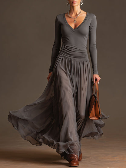 Fashionable Re Grey V-neck Long-sleeved Chiffon Maxi Dress