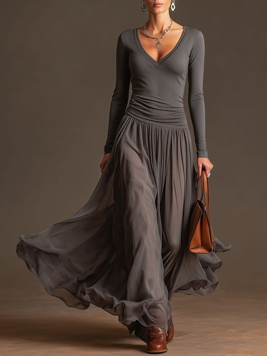 Fashionable Re Grey V-neck Long-sleeved Chiffon Maxi Dress