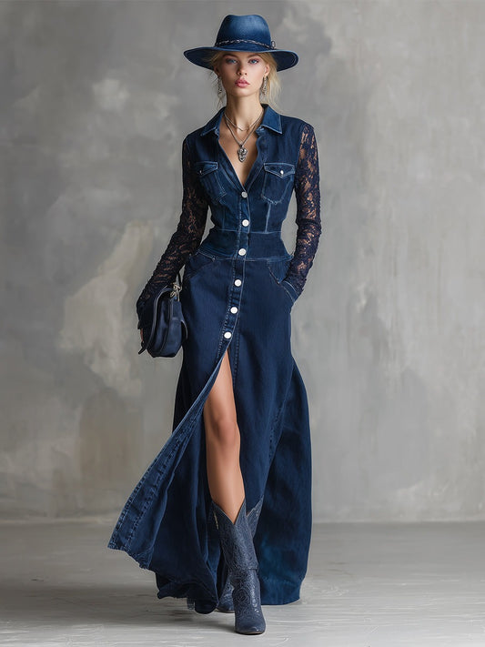 Elegant Urban Navy Blue Denim Lace Long-sleeved Button-down Maxi Dress