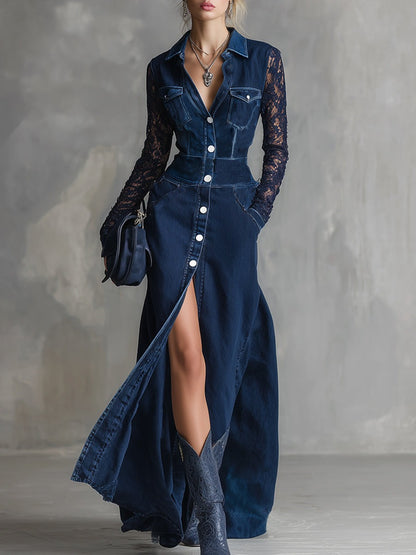 Elegant Urban Navy Blue Denim Lace Long-sleeved Button-down Maxi Dress
