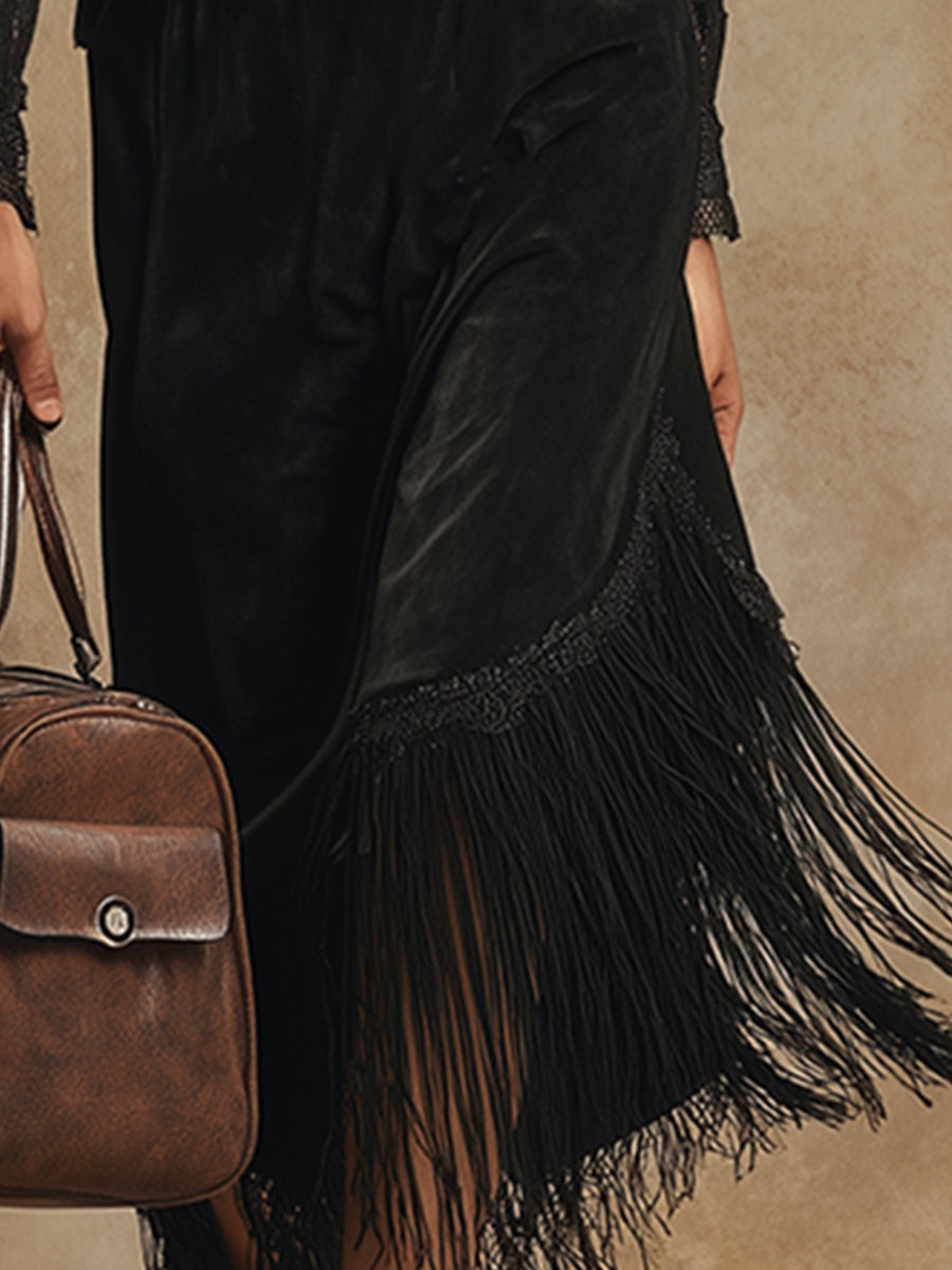 Elegant And High-end Tassel Black Faux Suede Lace Long-sleeved Maxi Dress