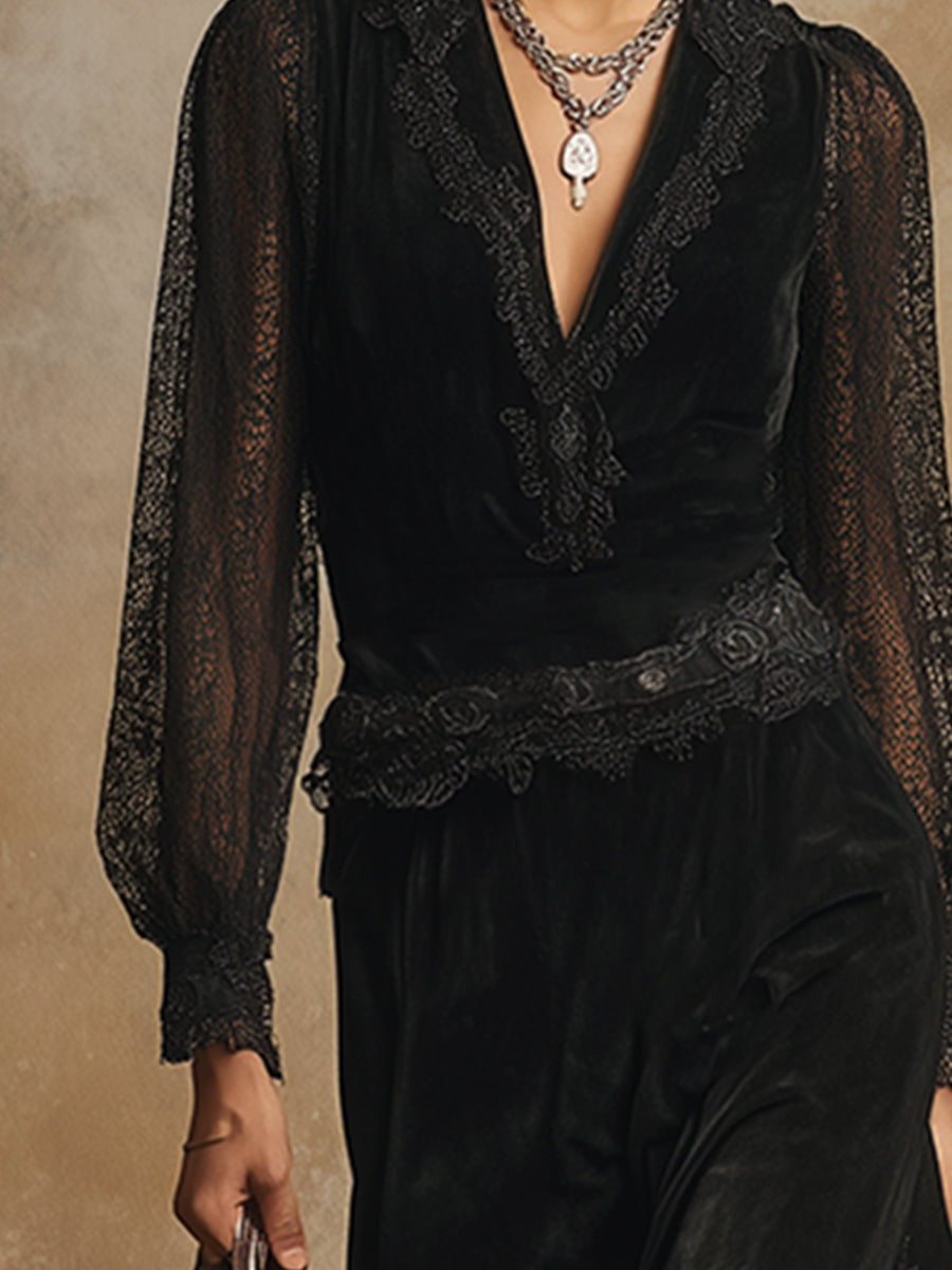 Elegant And High-end Tassel Black Faux Suede Lace Long-sleeved Maxi Dress