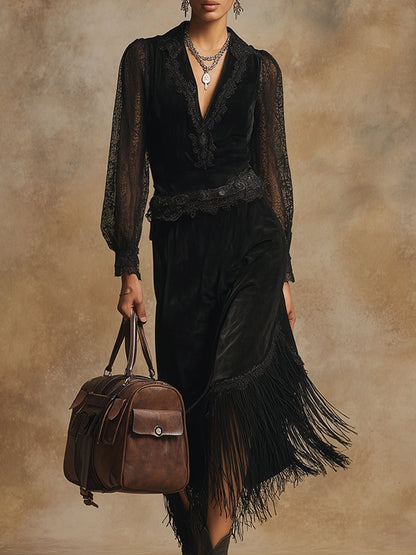Elegant And High-end Tassel Black Faux Suede Lace Long-sleeved Maxi Dress