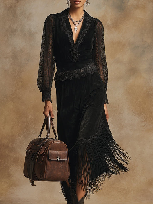 Elegant And High-end Tassel Black Faux Suede Lace Long-sleeved Maxi Dress