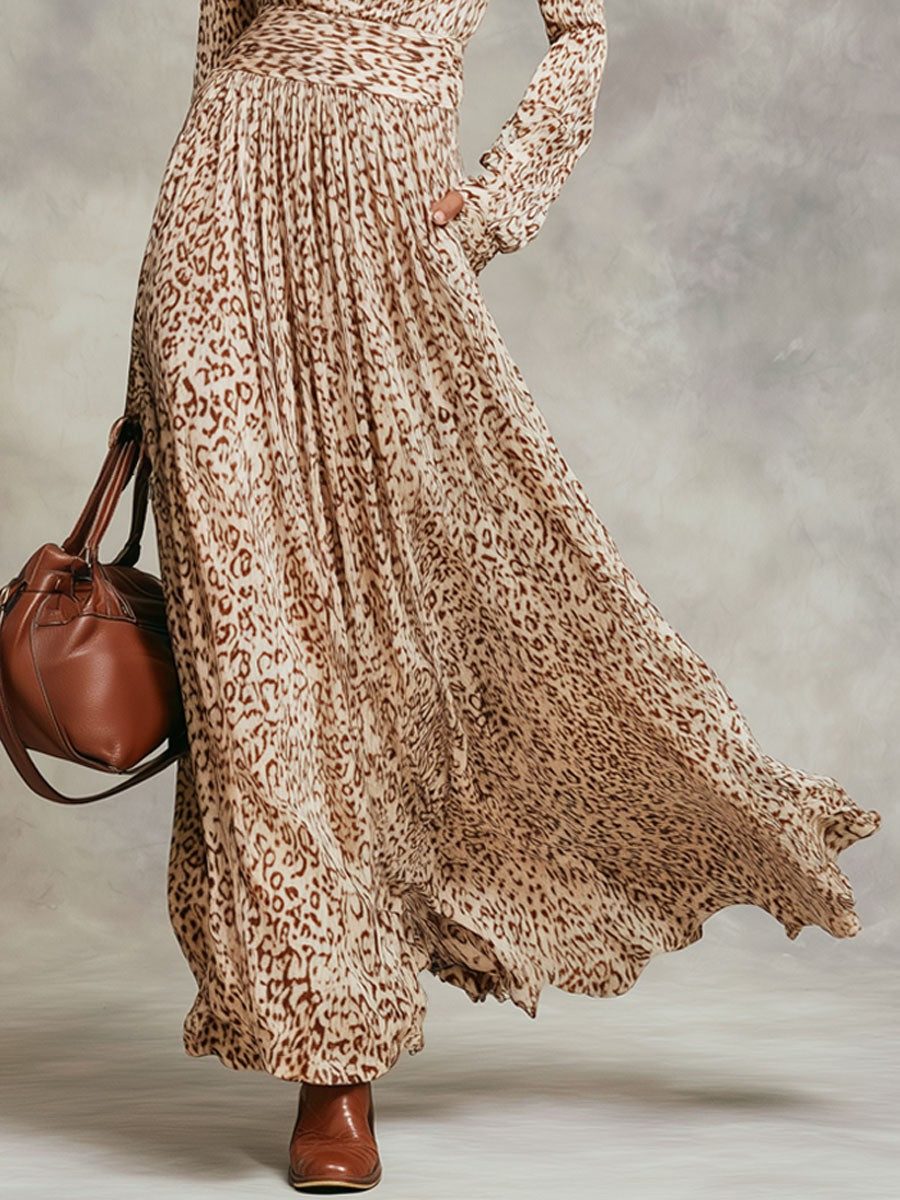 Elegant Retro Long-sleeved Champagne Leopard Print Maxi Dress