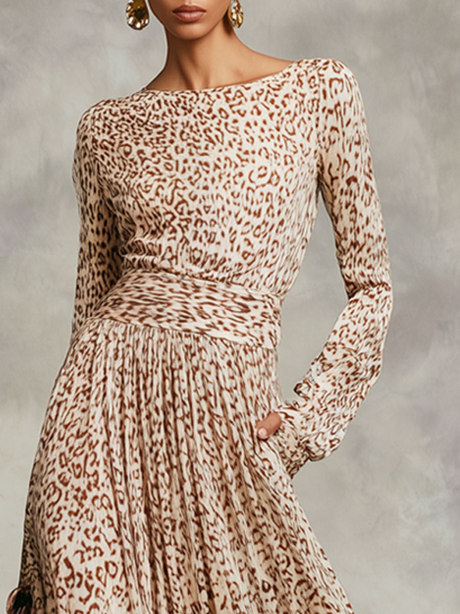Elegant Retro Long-sleeved Champagne Leopard Print Maxi Dress
