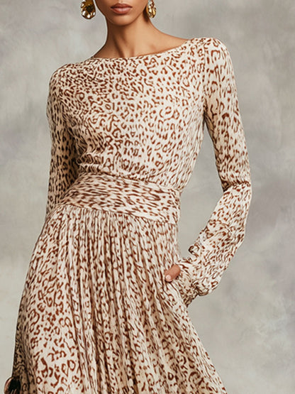 Elegant Retro Long-sleeved Champagne Leopard Print Maxi Dress