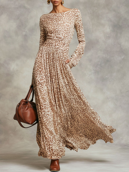 Elegant Retro Long-sleeved Champagne Leopard Print Maxi Dress
