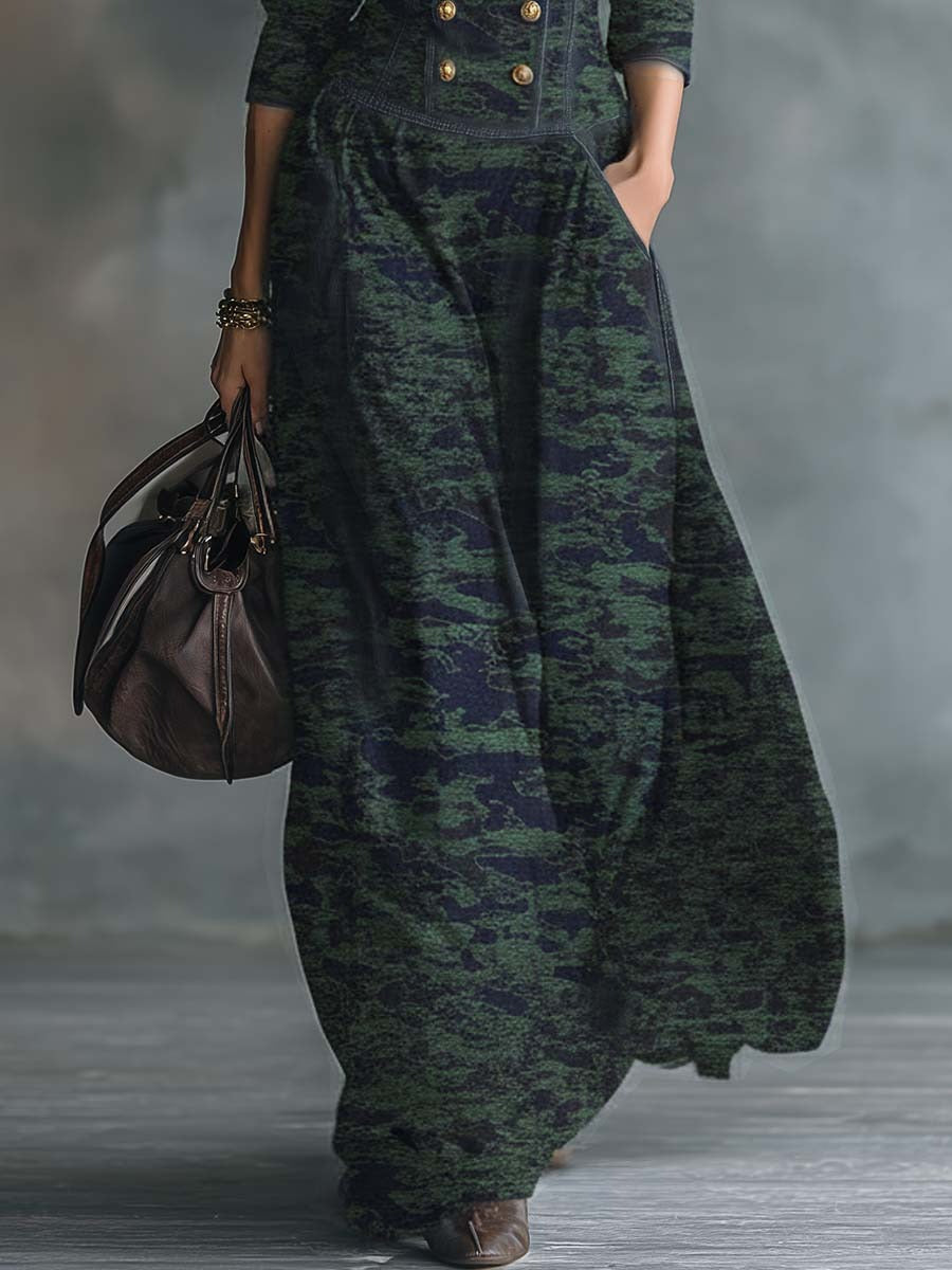 Vintage Elegant Exquisite V-neck Front Button Blue And Green Camouflage Denim Maxi Dress