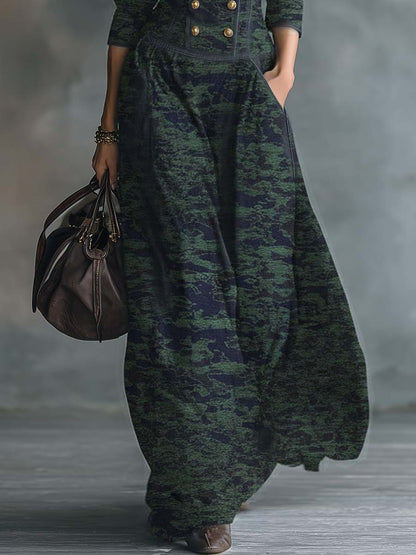 Vintage Elegant Exquisite V-neck Front Button Blue And Green Camouflage Denim Maxi Dress