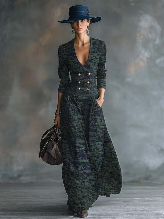 Vintage Elegant Exquisite V-neck Front Button Blue And Green Camouflage Denim Maxi Dress