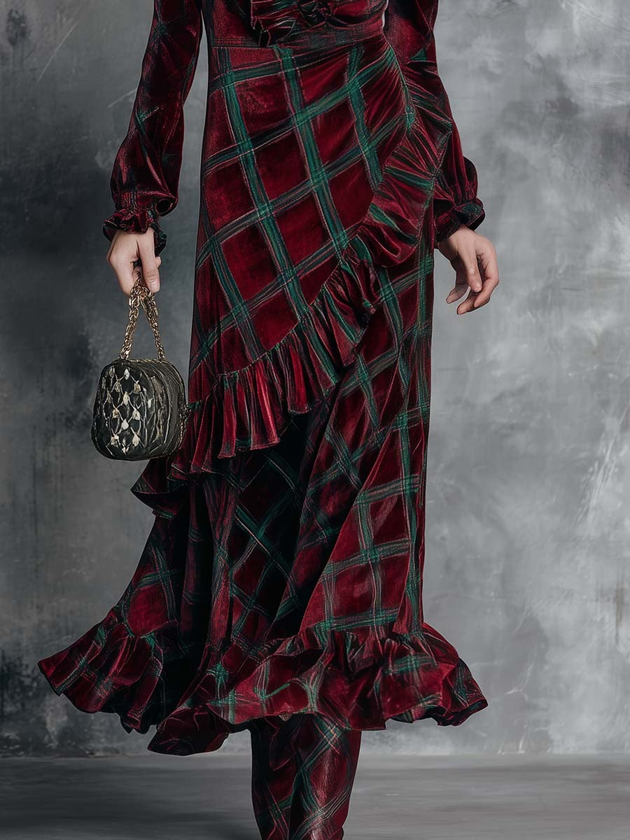 Elegant Retro Ruffled V-neck And Hem Green Plaid Pattern Burgundy Velvet Maxi Dress