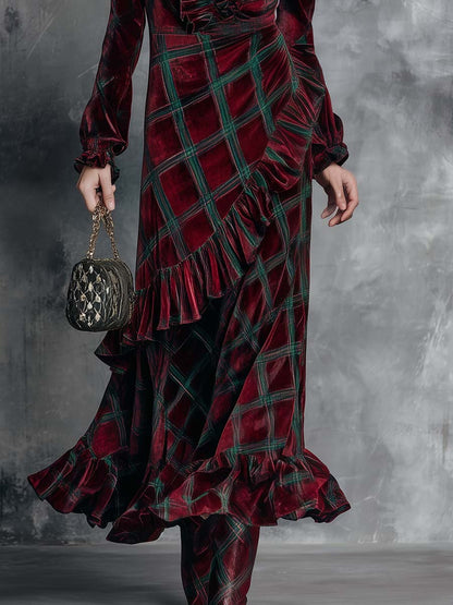 Elegant Retro Ruffled V-neck And Hem Green Plaid Pattern Burgundy Velvet Maxi Dress