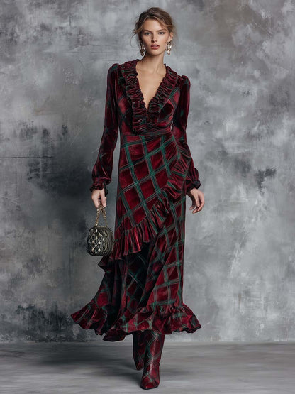 Elegant Retro Ruffled V-neck And Hem Green Plaid Pattern Burgundy Velvet Maxi Dress