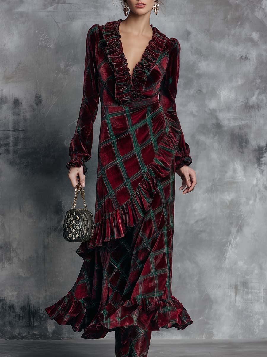 Elegant Retro Ruffled V-neck And Hem Green Plaid Pattern Burgundy Velvet Maxi Dress