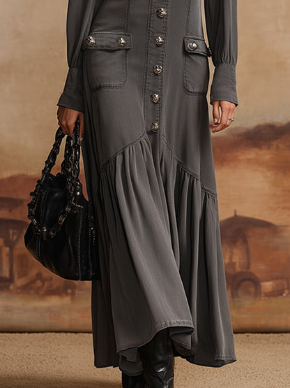 High-end Chic Grey V-neck Grey Denim Maxi Dress