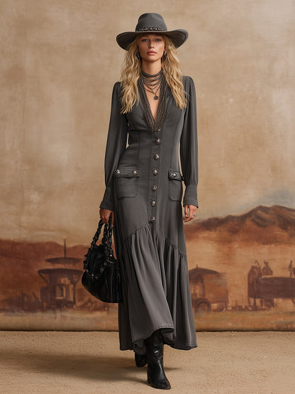 High-end Chic Grey V-neck Grey Denim Maxi Dress