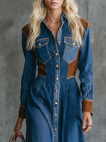 Vintage Western Front-button Suede Patchwork Blue Denim Midi Dress