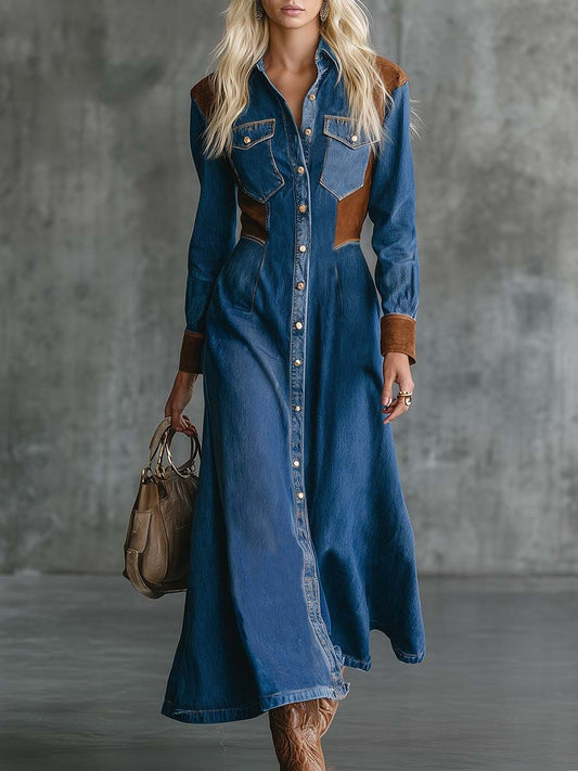 Vintage Western Front-button Suede Patchwork Blue Denim Midi Dress