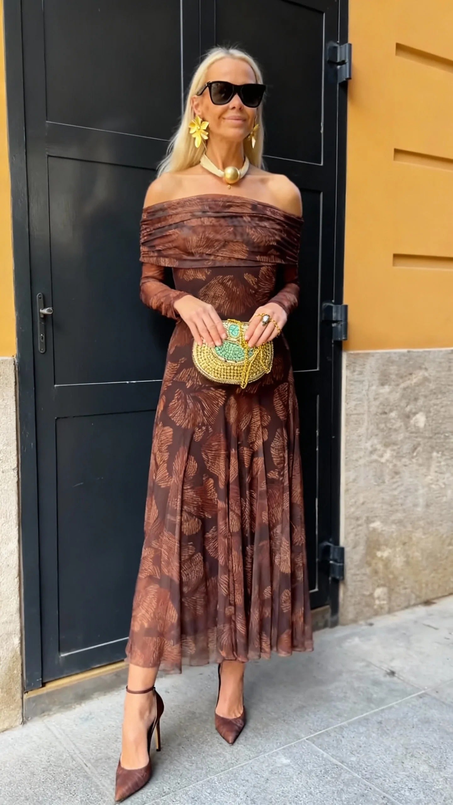 Chocolate Brown Off-Shoulder Leaf Print Sheer Midi Dress